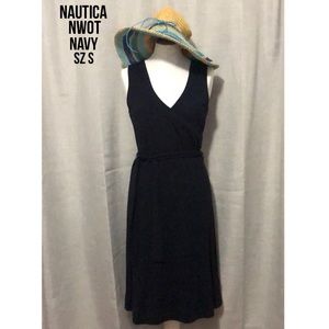 NWOT-Nautica Wrap Style Dress-Navy-Sz S-Cotton Blend-Waist Tie Detail